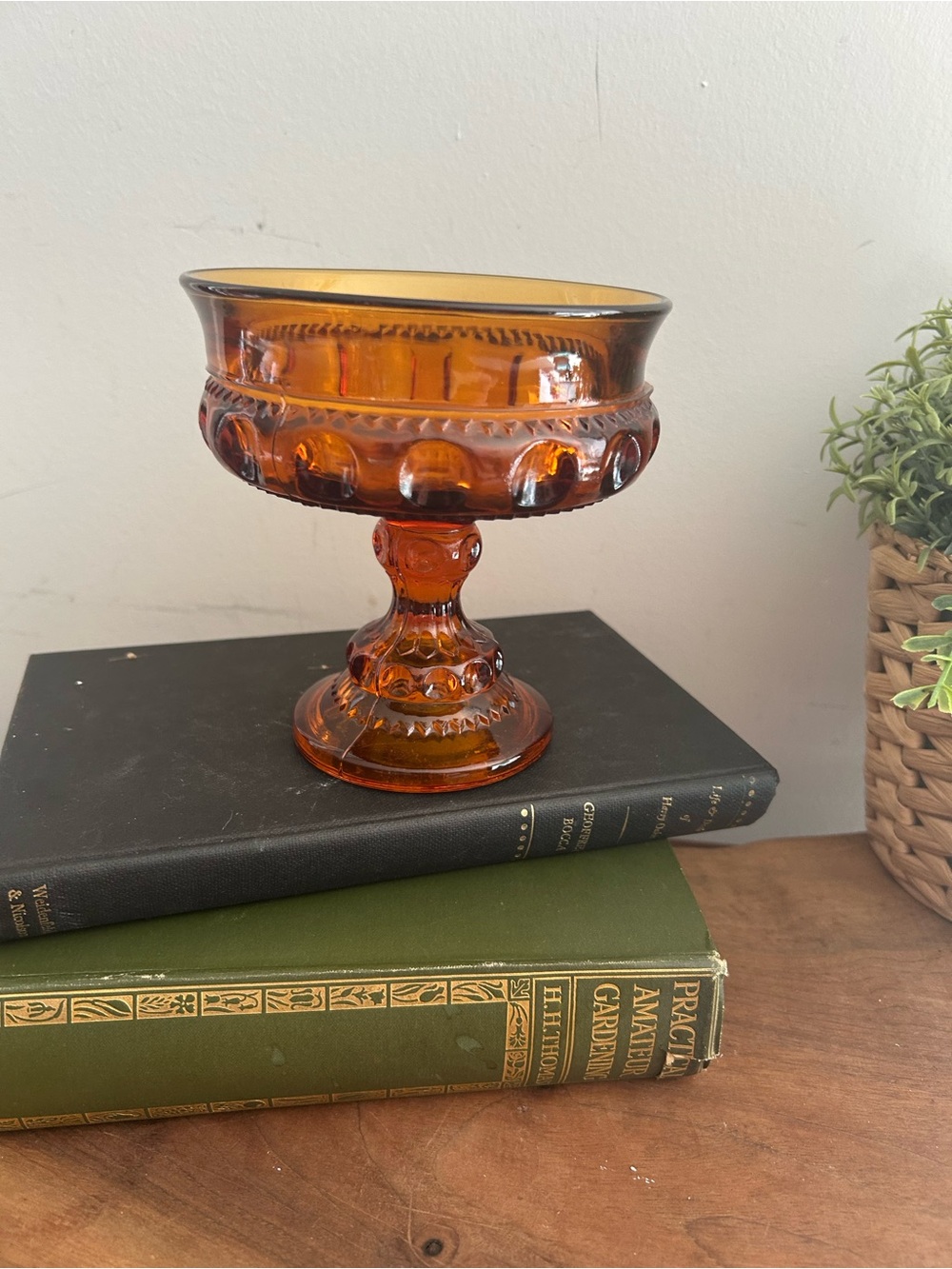 Vintage Indiana Amber Glass Thumbprint Kings Crown Compote Candy Bowl pedestal